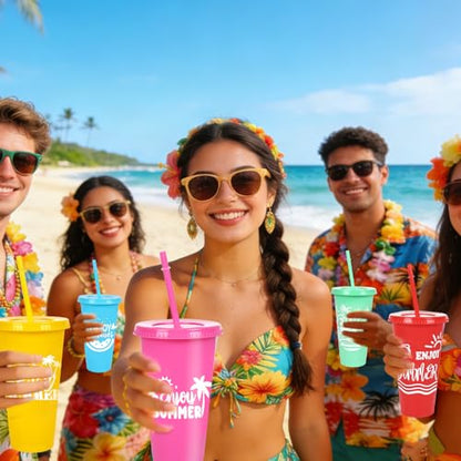 JarThenaAMCS 24 Pcs Summer Plastic Cups with Straw Lid 24 oz Cold Cups 6 Design Colorful Beach Party Plastic Tumbler for Summer Pool Party Home Office Supplies