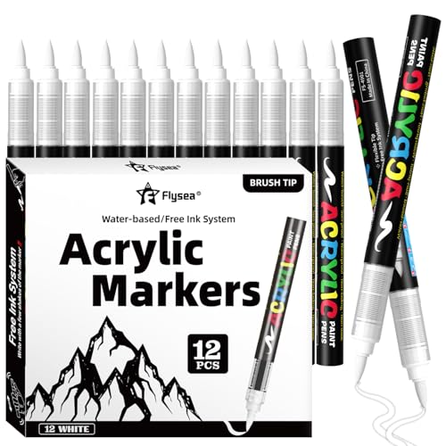 Paint Pens Acrylic Markers - 12 White Brush Tip Water Based Marker Pens for Rock Painting, Wood, Ceramic, Glass, Acrylic Paint Markers for Egg Pumpkin - color: White, size: 12 Pcs