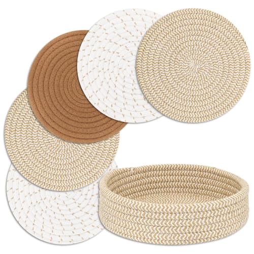 Trivets for Hot Dishes, Pots and Pans, Hot Pads with Storage Basket, Pot Holders for Kitchen, Heat Resistant Mat Protect Counter Home Essentials, Farmhouse Decor (Mix Brown 5 PCS) - color: Mix Brown