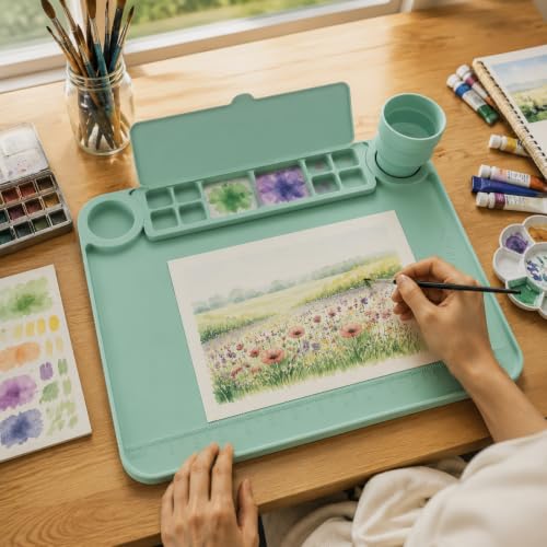 Svartur Silicone Painting Mat with Cup and Palette Detachable, 17"X13" Thick Silicone Craft Mat with Raised Edge for Artist, Painting Station Creator Mat, Green - color: Green