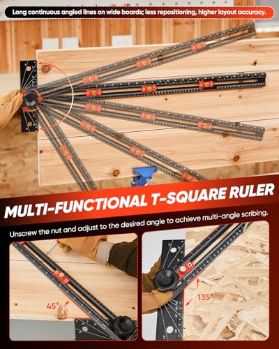 Saker 4-in-1 Scriber Marking Line Ruler, 29.5in Spliceable Extended T Square, Precision Line Drawing & Drilling Positioning Tool, Cabinet Hardware Jig with Angle Adjustment for Woodworking - size: 29.5inch T Square Ruler