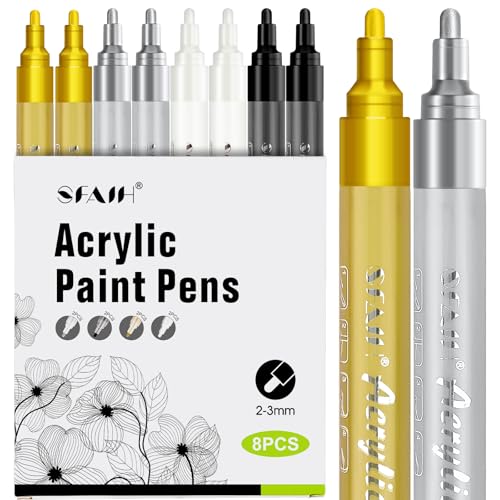 SFAIH Paint Markers - 4 Colors 8 Pack 2-3MM Medium Tip Acrylic Paint Pens for Rock, Paper, Wood, Fabric, Glass, Metal, Ceramic, Painting, DIY Art Projects, Crafts, Large Capacity, Ultra-High Coverage - color: White & Black & Gold & Silver