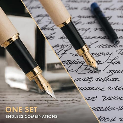 Wordsworth & Black Fountain Pen Set, Luxury Bamboo Wood - Medium Nib, Extra Fine Nib, Gift Case; 25ML Black Ink Bottle, 6 Ink Cartridges, Refill Converter - Calligraphy, Writing [Maple Wood] - color: Maple Wood