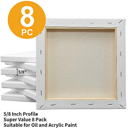 FIXSMITH Stretched White Blank Canvas- 8x8 Inch,8 Pack,Primed,100% Cotton,5/8 Inch Profile of Super Value Pack for Acrylics,Oils & Other Painting Media. - size: 8"x8"-8Pack