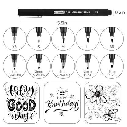 Calligraphy Pen,10 Size Calligraphy Pens for Writing,Calligraphy markers,Brush Pens,Calligraphy Set for Beginners,Black Archival Ink Pens,Hand Lettering Pen for Art Drawing,Sketching,Scrapbooking