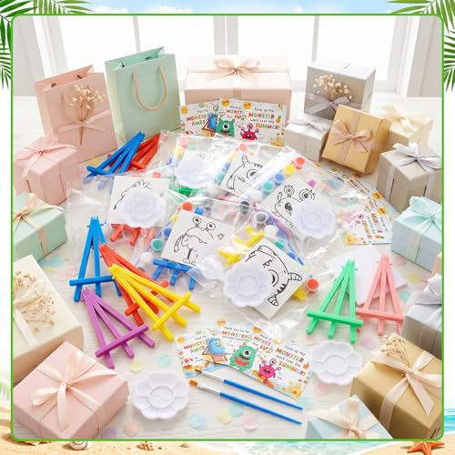 Eaasty 24 Set Mini Acrylic Paint Kit for Kids Monster Watercolor Painting Set Acrylic Paint Canvas Brushes Easel with Cards Bulk for Summer Themed Party Gifts Favor Kids Artists Beginner