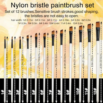 12-Piece Angular Paint Brush Set – Pearl White Nylon Angled Brushes for Watercolor, Acrylic, Gouache, Oil & Craft Painting