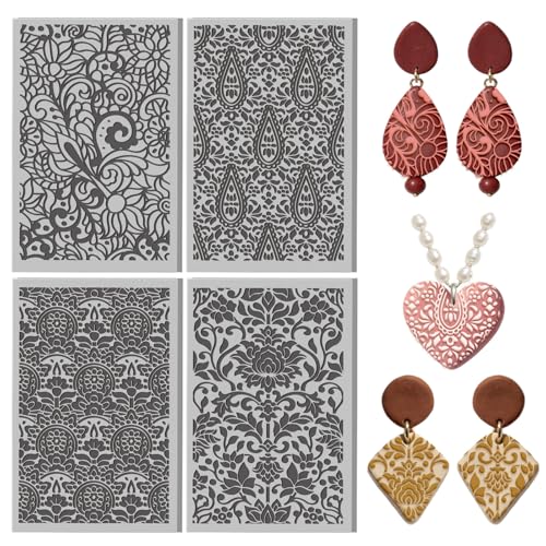 4 Pcs Bohemian Complex Flowers Pattern Polymer Clay Texture Sheet Rubber Clay Texture Mat for Polymer Clays Making Earrings Jewelry DIY Crafts, 4 × 2.5 Inch - style: Complex Flowers