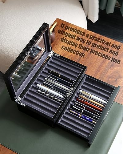 Wood Pen Storage Organizer with 24 Slots, Display Box for Men Gifts, Glass Window Finish, Dark Gray Velvet - color: black 24 slots, gray velvet