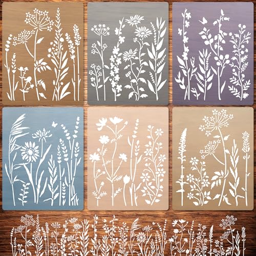 6 Pack 14'' Wildflower Wall Stencil, Reusable Flowers Stencils for Painting Large Pattern on Walls, Wood, Fabric, Furniture, Modular Floral Botanical Stencil Kit