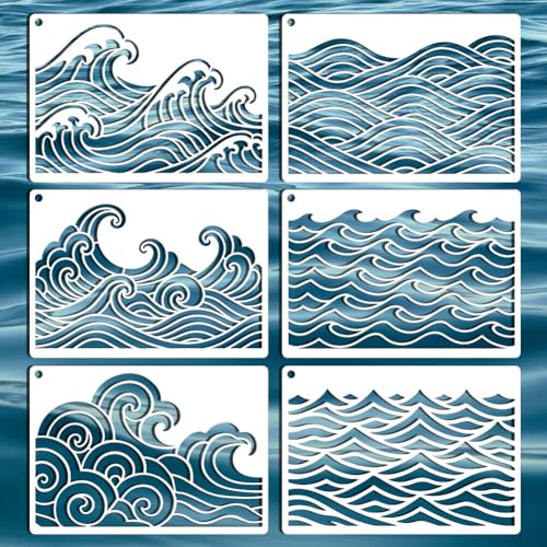 6 Sheets Wave Stencils for Painting, 6 Styles Summer Ocean Sea Wave Wall Stencil Template Reusable Beach Theme Decor Stencils for Painting on Wall Wood Home Decor - style: Waves