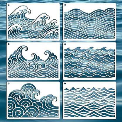6 Sheets Wave Stencils for Painting, 6 Styles Summer Ocean Sea Wave Wall Stencil Template Reusable Beach Theme Decor Stencils for Painting on Wall Wood Home Decor - style: Waves