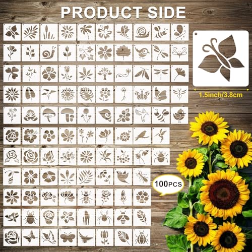 Fainne 100 Pcs Small Stencils for Crafts, 1.5 Inch Reusable Painting Stencils Painting Crafts Templates for Wood, Wall, Home Decor, Canvas, Fabric (Flower Bird Plants) - style: Flower Bird Plants