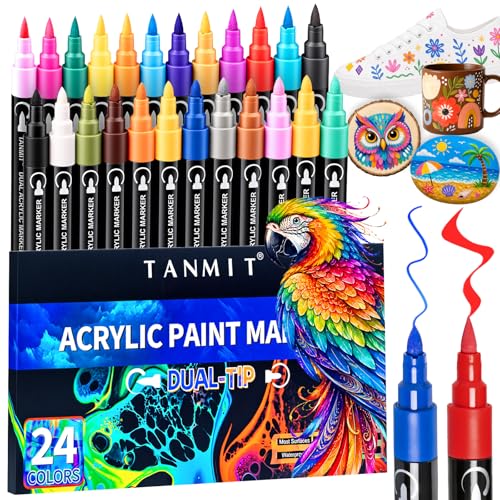 TANMIT 24 Colors Dual Tip Acrylic Paint Markers, Paint Pens Set with Brush Tip and Fine Tip For Fabric, Rock, Wood, Glass, Eggs, Scrapbook, DIY Crafts Making Art Supplies - Teacher Appreciation Gift