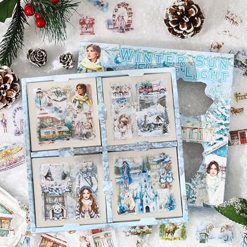 500PCS Scrapbook Supplies Stickers Kit, Snow House Landscape People Transparent Waterproof Stickers for Junk Journals, Aesthetic Scrapbooking Supplies for Decoration Art Crafts, Planners, Laptop - color: The Winter Sun Shines First