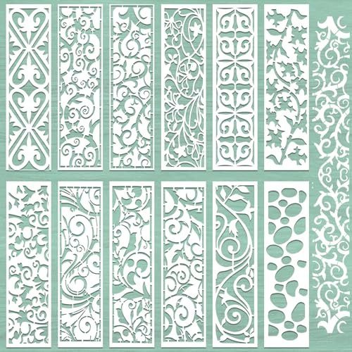 12 PCS Border Stencils for Painting, 11 x 3 Inch Leaf Texture Reusable Plastic Paint Templates for Painting on Wood Wall, Border Stencils for House Furniture Canvas Fabric DIY Art Cake Decor - color: E