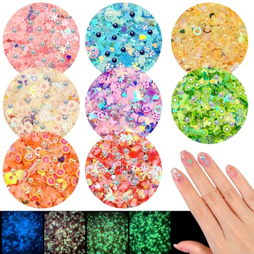 8 Colors Luminous Clay Slices Charms, VEINARDYL 3D Nail Art Slices Fruit Flower Butterfly Themed Glow in The Dark with Imitation Pearl Sequins for DIY Crafts Resin Slime Making Cellphone Decor - color: Luminous Theme