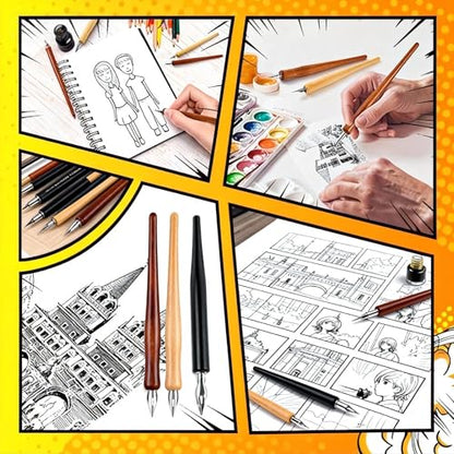 28 Pcs Dip Pen Set Comic Pen Nibs Set Nibs Holders with Comic Calligraphy Wooden Drawing Pen Holder with Stainless Steel Nib for Writing Painting Signing Present