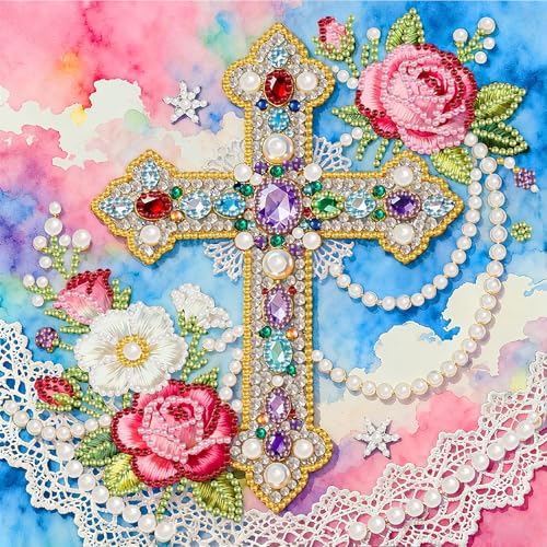 BSNRCH Cross Flowers Diamond Art Kits for Adults,5D Diamond Painting Kits for Special Shape Beginners,DIY Crystal Rhinestones Pearl Dots Gem Art Craft for Home Decor 12x12 inch - color: Cross Flowers