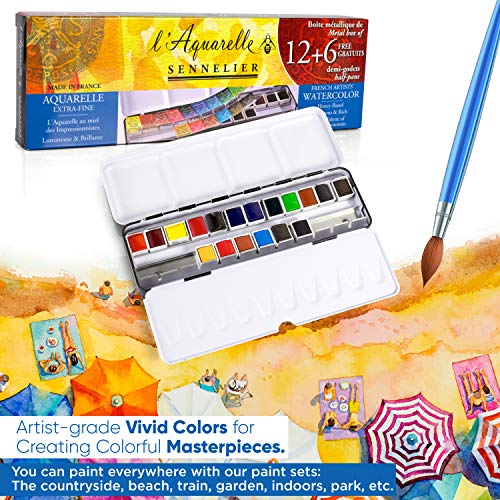 SENNELIER L'Aquarelle French Watercolor Paint, Metal Set of 18 Half Pans