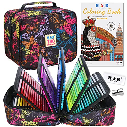H & B 180-Color Colored Pencils Set with Coloring Book, Eraser, and Sharpener - Perfect for Drawing and Coloring - Soft Oil-Based Cores Ideal for Adults and Beginners - size: 1 count (Pack of 180), style: 1-Butterfly (Basic)