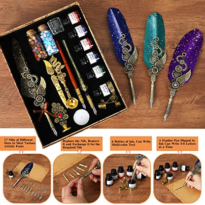 Aifeiter Quill Pen Ink Set-Feather Calligraphy Pen and Set,includes 6 Bottles of,Quill Pen,Glass Dipping Pen,Wooden Dipping Pen,17 nibs,8 Sheets of Writing Paper,Envelope,Spoon-blue - color: Blue