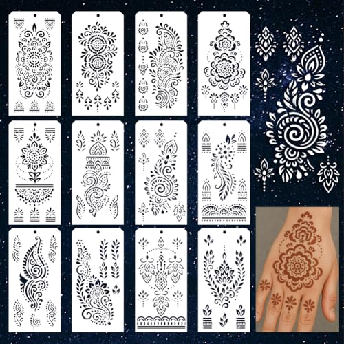 12 Sheets Haina Tattoo Stencils for Painting, 12 Styles Indian Arabian Tribal Designs Drawing Templates Reusable Art Stencil for Hand Forearm Painting on Wall Wood Home Decor - style: Haina Tattoo