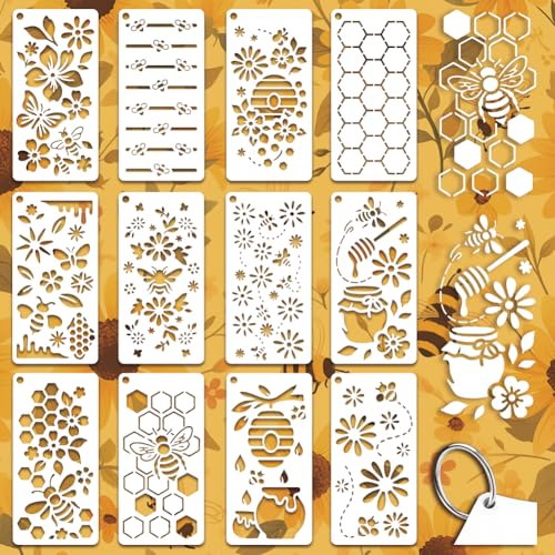 12 Sheets Bee Theam Stencils for Painting, 12 Styles Bees Beehive Honey Pot Flower Drawing Template Plastic Art Templates for Painting on Wall Wood Home Decor - style: Bee Theam