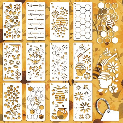 12 Sheets Bee Theam Stencils for Painting, 12 Styles Bees Beehive Honey Pot Flower Drawing Template Plastic Art Templates for Painting on Wall Wood Home Decor - style: Bee Theam