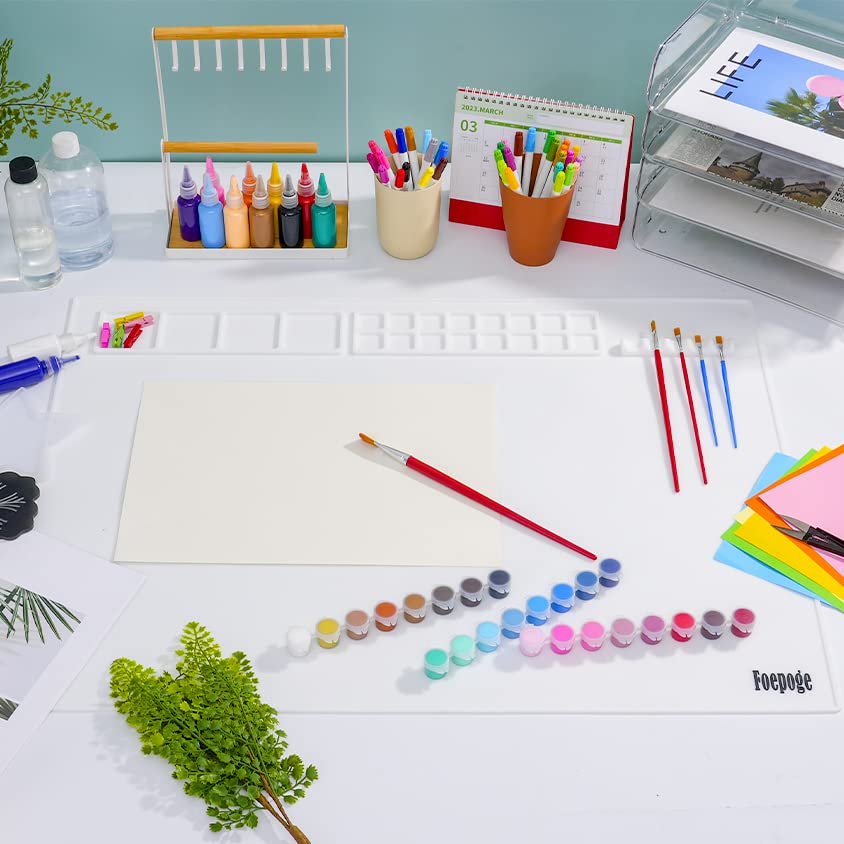 31.5" x 23.6" Extra Large Silicone Craft Mat for Table, Silicon Art Mat with 16 Paint Palette, 4 Color Mixing Grids & 5 Brush Holder, Multifunction Silicone Painting Matt for Crafts by Fogpoge, White
