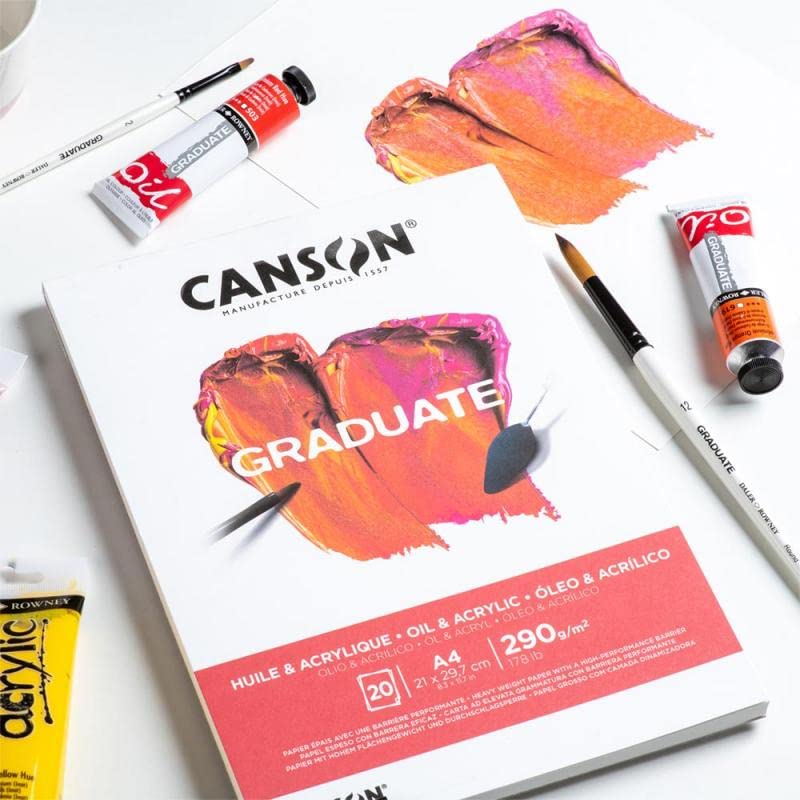 CANSON Graduate Oil and Acrylic 290gsm A4 Paper, Non-Woven, Pad Glued Short Side, 20 Natural White Sheets, Ideal for Student Artists - size: A4