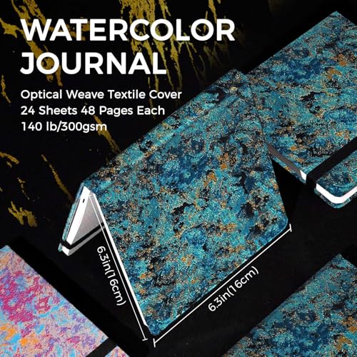 Funto Watercolor Journal, 6.3x6.3, 24 Sheets, 100% Cotton Cold Press, 300gsm/140lb, Inner Paper Pocket, Art Supplies for Mixed Media - color: Blue Gold Marble