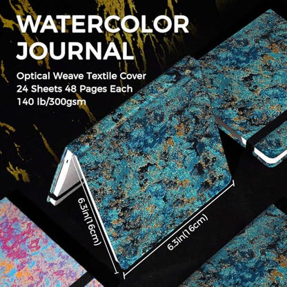 Funto Watercolor Journal, 6.3x6.3, 24 Sheets, 100% Cotton Cold Press, 300gsm/140lb, Inner Paper Pocket, Art Supplies for Mixed Media - color: Blue Gold Marble