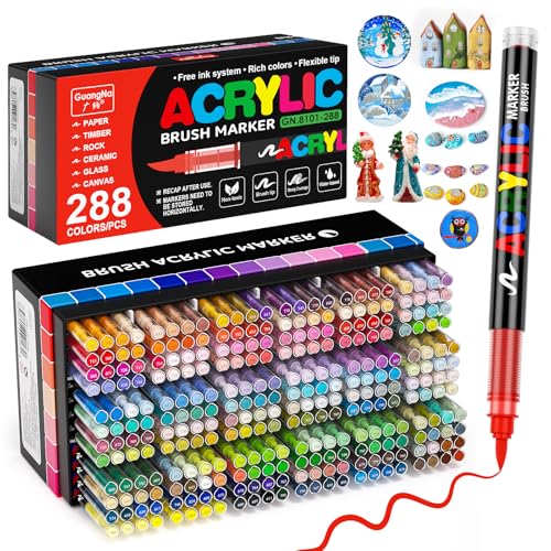 288 Colors Acrylic Paint Markers with Automatic Ink Control System, Quick Dry No Bleed High Opacity Water-Based Brush Tip for Rock Wood Canvas Glass Ceramic DIY Art Crafts - color: 288 color