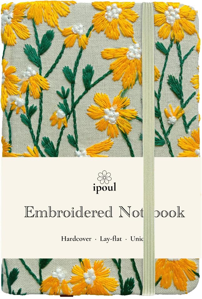 Daisy Gifts for Women, Flower Embroidered Journal, Pocket Sketchbook, A6, Small Unlined Notebook 4x6, Hardcover, Lay Flat, Elastic Band, Cute Notebooks, Pretty Journal, Yellow Daisy - color: A6-Band-Yellow, style: Plain