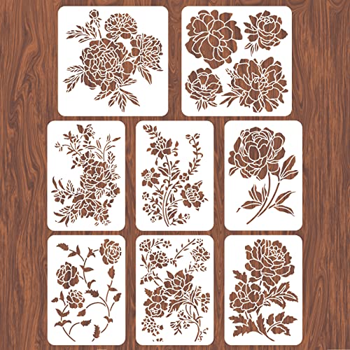 INFUNLY 8pcs Peony Wall Stencils for Painting 11.7x8.3 Tile Stencil Set Reusable Plastic Wall Stencils Template for Painting on Wood Wall Furniture Floor Tiles Fabric DIY Home Decor - color: Peony Wall Stencils