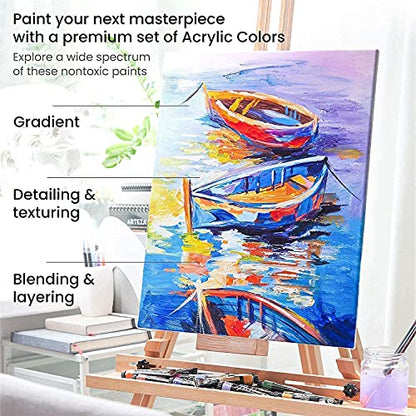 Arteza Acrylic Paint Set and Canvas Boards Bundle for Artist, Painting Art Supplies for Artist, Hobby Painters & Beginners