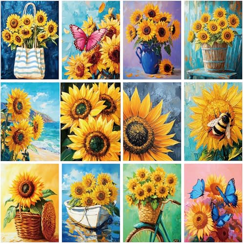 Engrowtic 12 Pcs 8 x 10'' Sunflower Flower Pre Drawn Canvas to Paint Pre Printed Sketched Canvas for Adult Ladies Paint Art Party Favor Board Set for Craft(Vivid Style) - style: Vivid Style