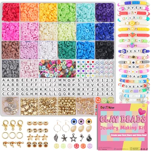 BestNow Clay Beads Bracelet Making Kit 5000 Pcs Friendship Bracelet Kits Flat Beads for Jewelry Making Polymer Heishi Beads Set for Bracelet Necklace DIY Crafts Gift for Girls Ages 6-12 - color: 20 Colors + Black Letter Beads