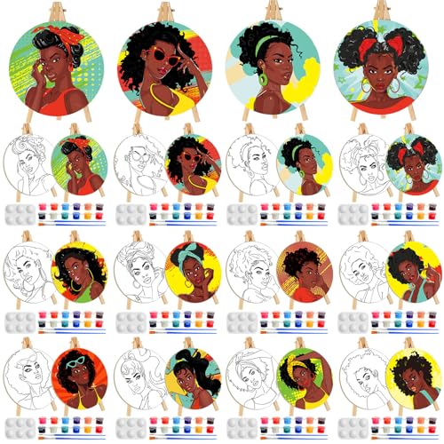 Supervitae 72 Piece Black Girls Round Pre Drawn Canvas Kit 5.9" Paint and Sip Kit for Adults Painting Party Pre Printed Canvas DIY with Pictures Paints Easels Brushes for Party Gifts - size: 5.9", style: Black Girls