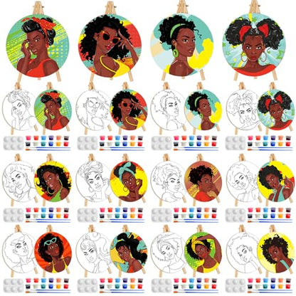 Supervitae 72 Piece Black Girls Round Pre Drawn Canvas Kit 5.9" Paint and Sip Kit for Adults Painting Party Pre Printed Canvas DIY with Pictures Paints Easels Brushes for Party Gifts - size: 5.9", style: Black Girls