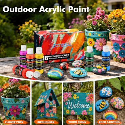 GOTIDEAL Acrylic Paint Set, 18 Colors Outdoor Acrylic Paint (100m,3.4 oz) | with 10 Brushes, Non-Toxic Waterproof Art Paints for Canvas, Wood, Rocks, Craft Supplies for Artists & Beginners