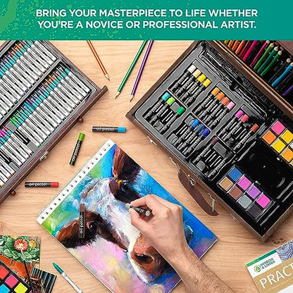 Norberg & Linden 144-Piece Art Set in Wooden Box with Drawer - Art Set for Adults, Teens, Kids - Premium Art Supplies - Includes Watercolors, Oil Pastels, Crayons, & More