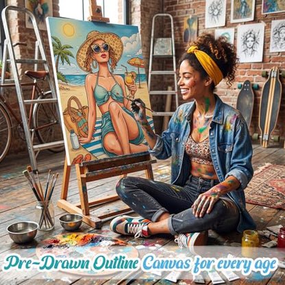 Sherr 285 Pcs 30 Sets Sip and Paint Kit for Adults, Pre Drawn Canvas Kit for Painting Acrylic Painting Favor Bulk for DIY Birthday Gifts Adult Date Night Party Suppliers(Summer Lady) - style: Summer Lady