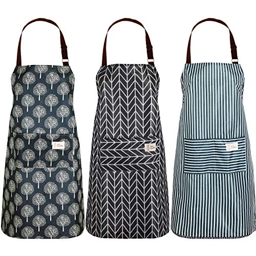 SATINIOR 3 Pieces Waterproof Bib Apron with 2 Pockets Adjustable Cooking Kitchen Apron for Women Men Chef BBQ Baking Cleaning - color: Black and Grey