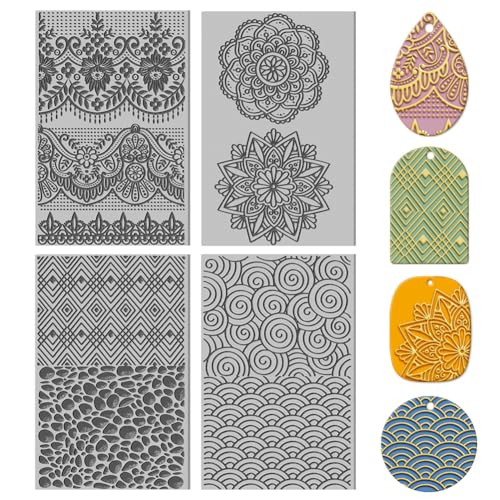 CHGCRAFT 4PCS Polymer Clay Texture Sheets Vintage Texture Stamp Sheets for Polymer Clay Texture Mat for Making Earrings Jewerly, Polymer Clay Earrings Tools, 4x2.6inch
