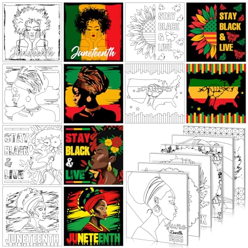 Honoson 6 Pcs 6 Inch Juneteenth Pre Drawn Outline Canvas Paint Kit with Pictures for Adults Paint Party Stretched Canvas for Art Boards Set for Adult Beginner - style: Juneteenth
