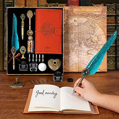 Aifeiter Quill Pen and Ink Set, Feather Calligraphy Set With Wax Seal Stamp, Notebook - Beautiful Gift for Christmas - Green - color: Green