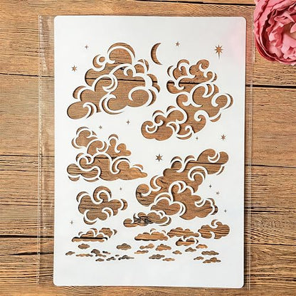TIAMECH A4 Reusable Cloud Stencil for Painting | Star Moon on Sky Layering Template, DIY Wall Art, Wood Furniture, Scrapbook & Crafts (8.3x11.7inch) - style: Cloud