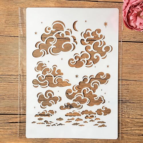 TIAMECH A4 Reusable Cloud Stencil for Painting | Star Moon on Sky Layering Template, DIY Wall Art, Wood Furniture, Scrapbook & Crafts (8.3x11.7inch) - style: Cloud